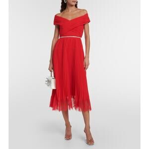 Self-Portrait Off-shoulder Pleated Midi Dress in Red US 8